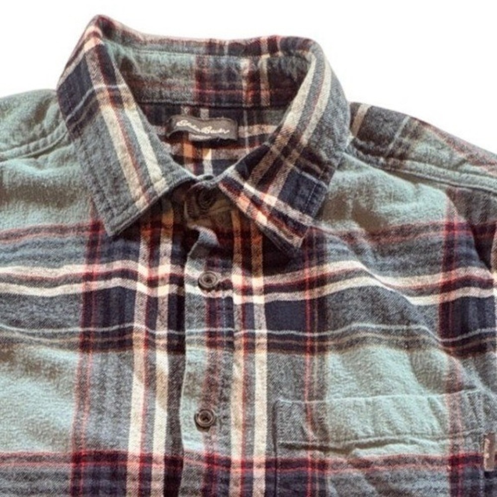 Eddie Bauer Flannel Shirt Mens Medium Blue Red Plaid Cotton Button Down Casual